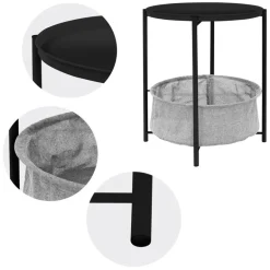 Beistelltisch rund Ø 46x51 cm Schwarz aus Metall inkl. Tablett und Stoffkorb ML-Design