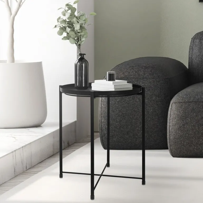 Beistelltisch rund Ø42x52 cm Schwarz aus Metall mit Tablett ML-Design