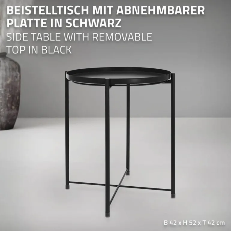 Beistelltisch rund Ø42x52 cm Schwarz aus Metall mit Tablett ML-Design