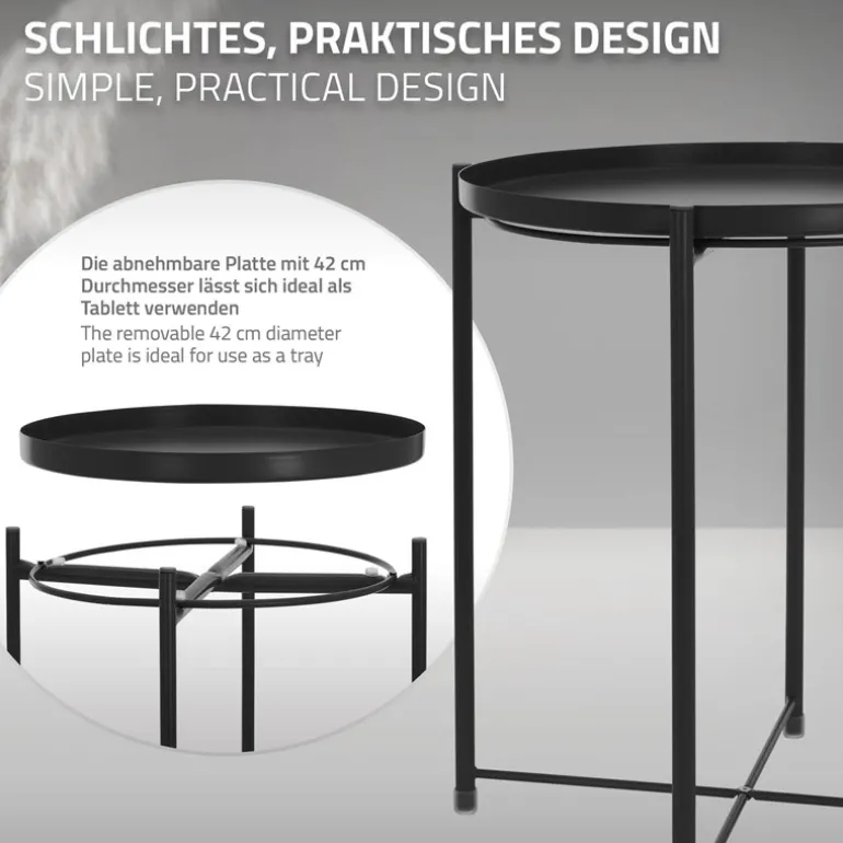 Beistelltisch rund Ø42x52 cm Schwarz aus Metall mit Tablett ML-Design