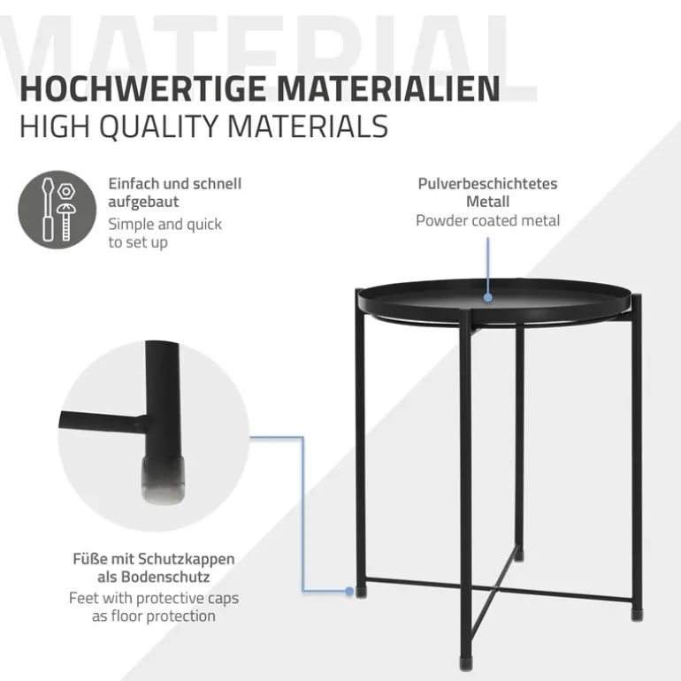 Beistelltisch rund Ø42x52 cm Schwarz aus Metall mit Tablett ML-Design