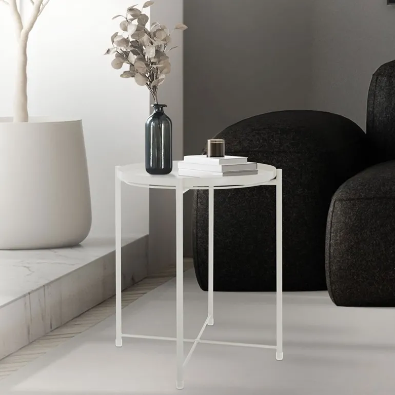 Beistelltisch rund Ø42x52 cm Weiß aus Metall mit Tablett ML-Design