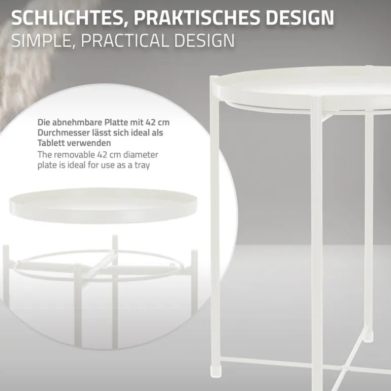 Beistelltisch rund Ø42x52 cm Weiß aus Metall mit Tablett ML-Design