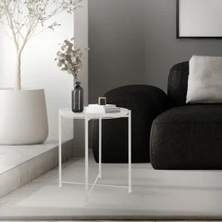 Beistelltisch rund Ø42x52 cm Weiß aus Metall mit Tablett ML-Design
