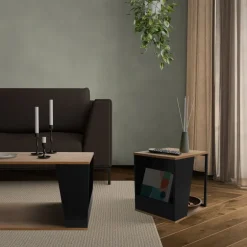 Beistelltisch 40x40 cm mit Zeitschriftenfach Eiche Optik Braun Schwarz mit Stahlgestell Wohnzimmertisch ML-Design