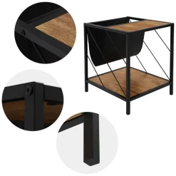 Beistelltisch 43x48 cm mit Zeitschriftenfach Eiche Optik Braun Schwarz mit Stahlgestell Wohnzimmertisch ML-Design