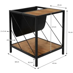 Beistelltisch 43x48 cm mit Zeitschriftenfach Eiche Optik Braun Schwarz mit Stahlgestell Wohnzimmertisch ML-Design