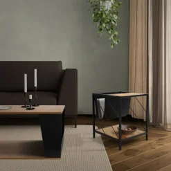 Beistelltisch 43x48 cm mit Zeitschriftenfach Eiche Optik Braun Schwarz mit Stahlgestell Wohnzimmertisch ML-Design