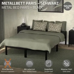 Bettgestell Doppelbett 140x200 cm aus Metall in Schwarz mit Lattenrost ML-Design