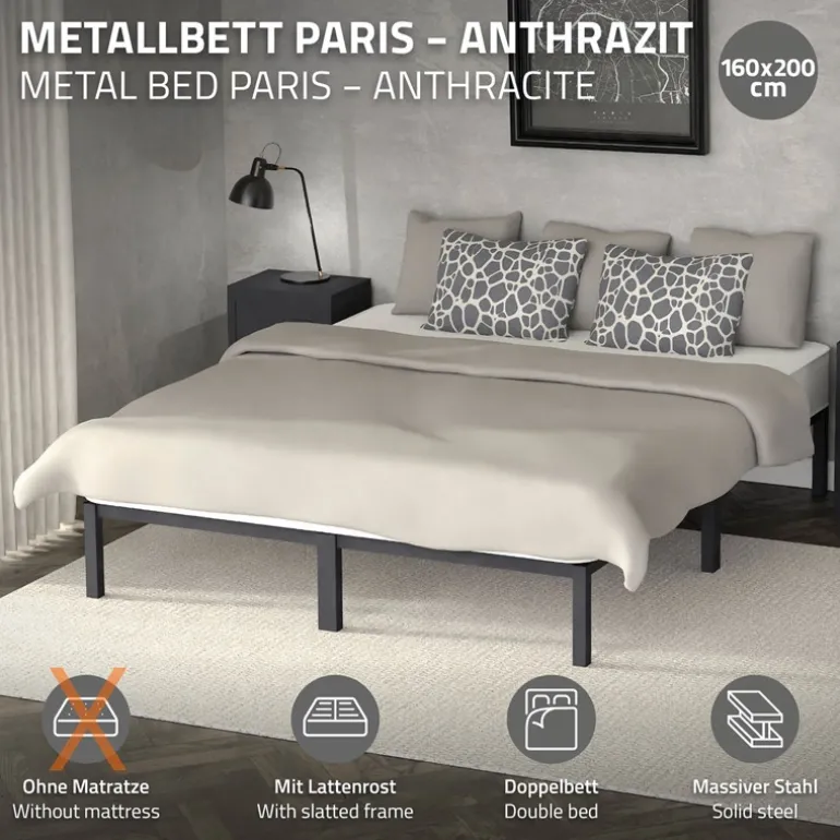 Bettgestell Doppelbett 160x200 cm aus Metall in Anthrazit mit Lattenrost ML-Design