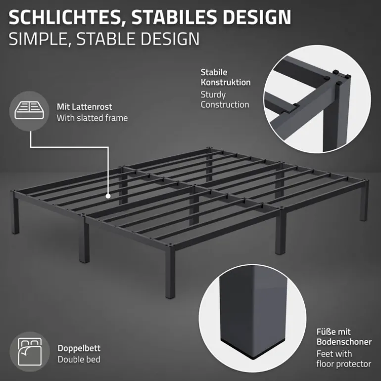 Bettgestell Doppelbett 160x200 cm aus Metall in Anthrazit mit Lattenrost ML-Design