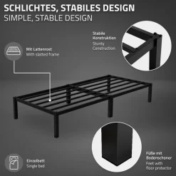 Bettgestell Einzelbett Metallbett 90x200 cm Schwarz inkl. Matratze H-16cm mit Lattenrost ML-Design