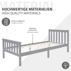 Bettgestell Einzelbett 90x200cm aus Kiefernholz in Hellgrau mit Lattenrost & Matratze H-10cm ML-Design