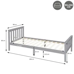 Bettgestell Einzelbett 90x200cm aus Kiefernholz in Hellgrau mit Lattenrost & Matratze H-10cm ML-Design