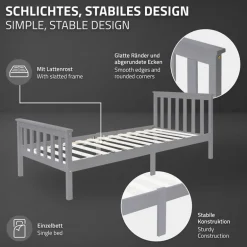Bettgestell Einzelbett 90x200cm aus Kiefernholz in Hellgrau mit Lattenrost & Matratze H-16cm ML-Design