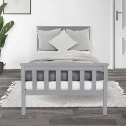 Bettgestell Einzelbett 90x200cm aus Kiefernholz in Hellgrau mit Lattenrost ML-Design