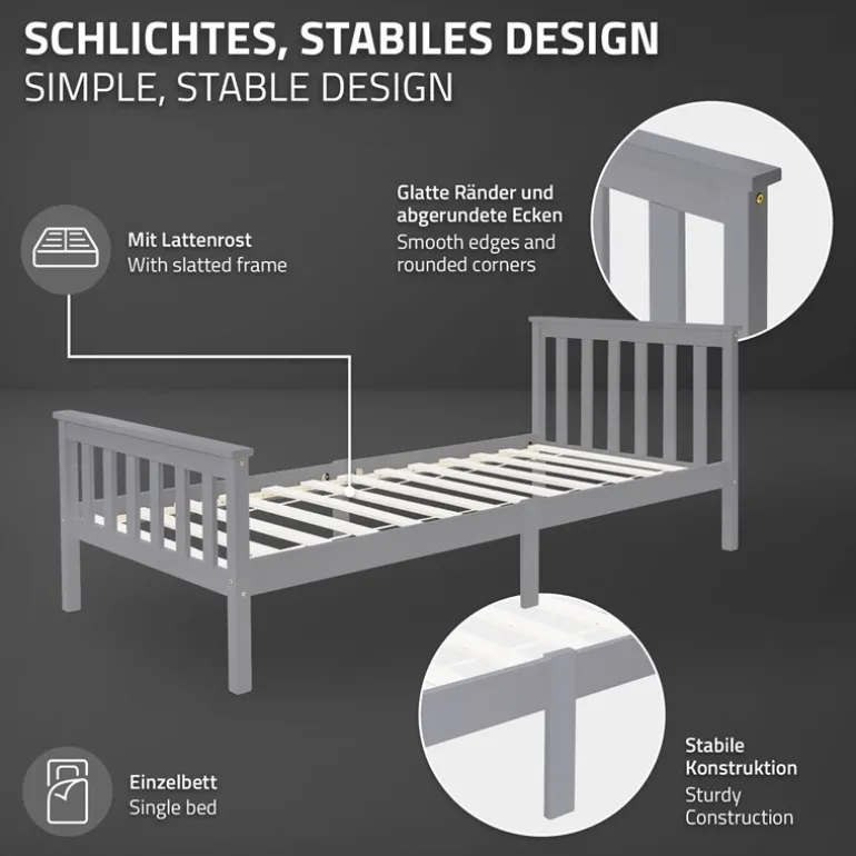 Bettgestell Einzelbett 90x200cm aus Kiefernholz in Hellgrau mit Lattenrost ML-Design