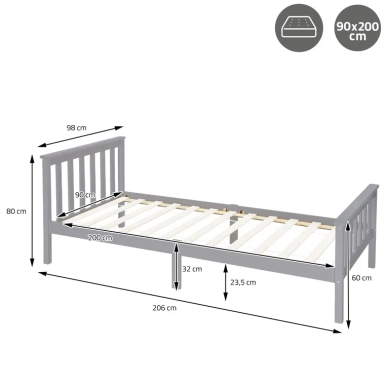 Bettgestell Einzelbett 90x200cm aus Kiefernholz in Hellgrau mit Lattenrost ML-Design