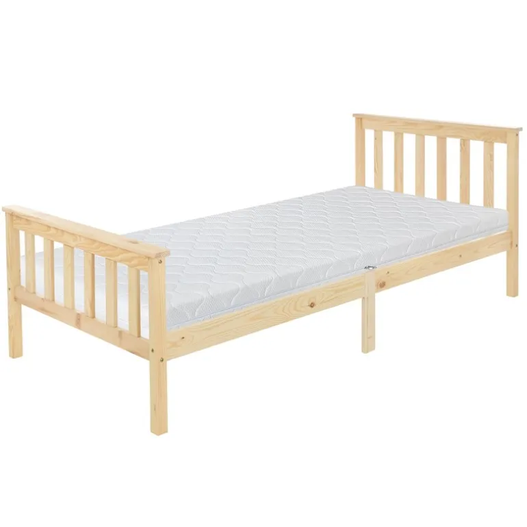 Bettgestell Einzelbett 90x200cm aus Kiefernholz in Natur mit Lattenrost & Matratze H-16cm ML-Design
