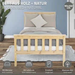 Bettgestell Einzelbett 90x200cm aus Kiefernholz in Natur mit Lattenrost & Matratze H-16cm ML-Design