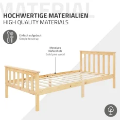 Bettgestell Einzelbett 90x200cm aus Kiefernholz in Natur mit Lattenrost & Matratze H-16cm ML-Design
