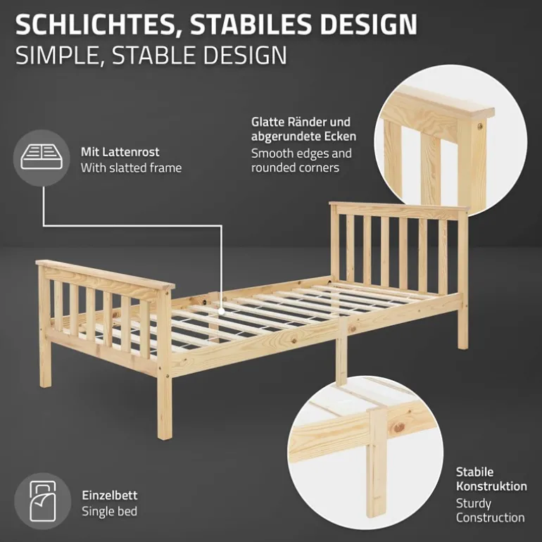 Bettgestell Einzelbett 90x200cm aus Kiefernholz in Natur mit Lattenrost ML-Design