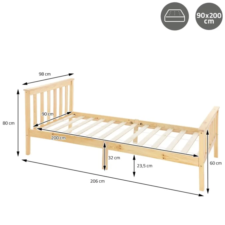 Bettgestell Einzelbett 90x200cm aus Kiefernholz in Natur mit Lattenrost ML-Design