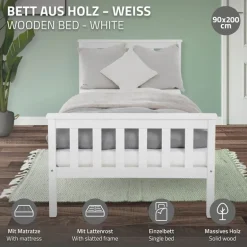 Bettgestell Einzelbett 90x200cm aus Kiefernholz in Weiß Lattenrost & Matratze H-16cm ML-Design