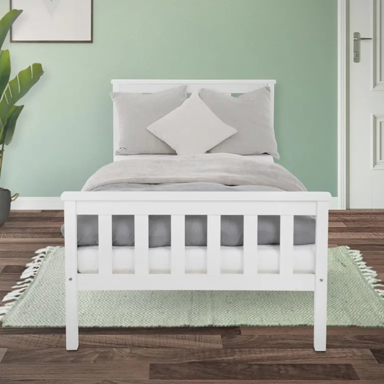Bettgestell Einzelbett 90x200cm aus Kiefernholz in Weiß mit Lattenrost ML-Design