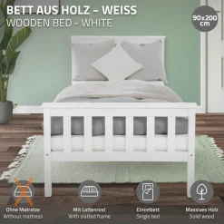 Bettgestell Einzelbett 90x200cm aus Kiefernholz in Weiß mit Lattenrost ML-Design