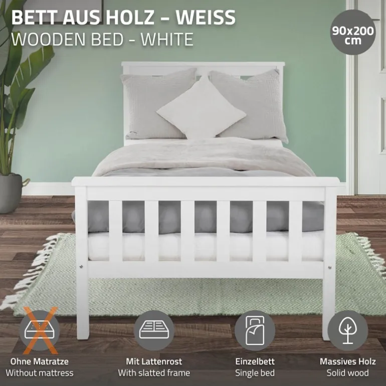 Bettgestell Einzelbett 90x200cm aus Kiefernholz in Weiß mit Lattenrost ML-Design