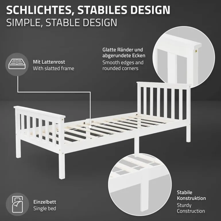 Bettgestell Einzelbett 90x200cm aus Kiefernholz in Weiß mit Lattenrost ML-Design