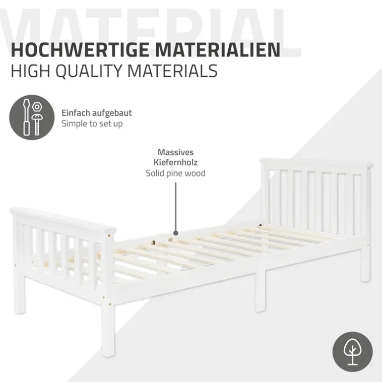 Bettgestell Einzelbett 90x200cm aus Kiefernholz in Weiß mit Lattenrost ML-Design
