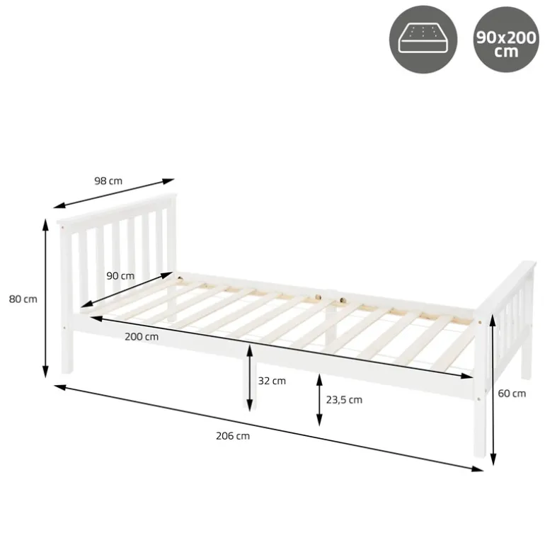 Bettgestell Einzelbett 90x200cm aus Kiefernholz in Weiß mit Lattenrost ML-Design