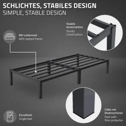 Bettgestell Einzelbett 90x200cm aus Metall in Anthrazit mit Lattenrost & Matratze H-16cm ML-Design