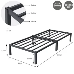 Bettgestell Einzelbett 90x200cm aus Metall in Anthrazit mit Lattenrost & Matratze H-16cm ML-Design