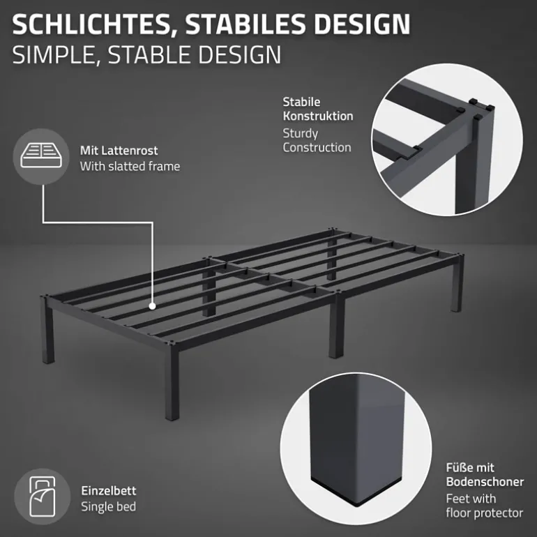 Bettgestell Einzelbett 90x200cm aus Metall in Anthrazit mit Lattenrost ML-Design