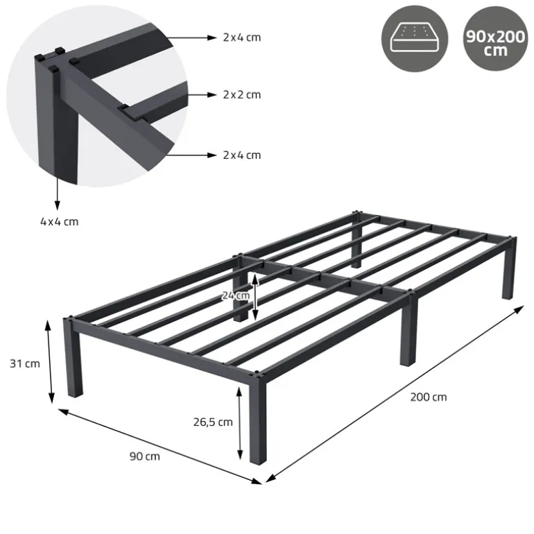 Bettgestell Einzelbett 90x200cm aus Metall in Anthrazit mit Lattenrost ML-Design