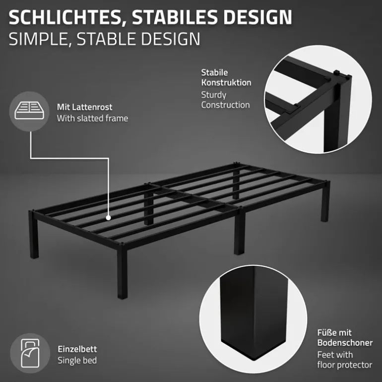 Bettgestell Einzelbett 90x200cm aus Metall in Schwarz mit Lattenrost & Matratze H-10cm ML-Design