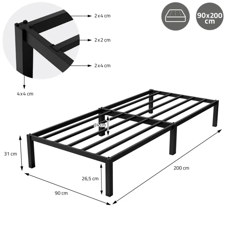 Bettgestell Einzelbett 90x200cm aus Metall in Schwarz mit Lattenrost & Matratze H-10cm ML-Design