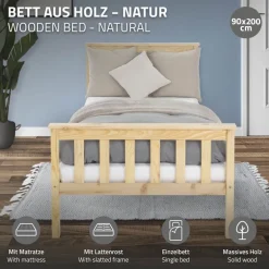 Bettgestell Einzelbett 90x200cm aus Kiefernholz in Natur mit Lattenrost & Matratze H-10cm ML-Design