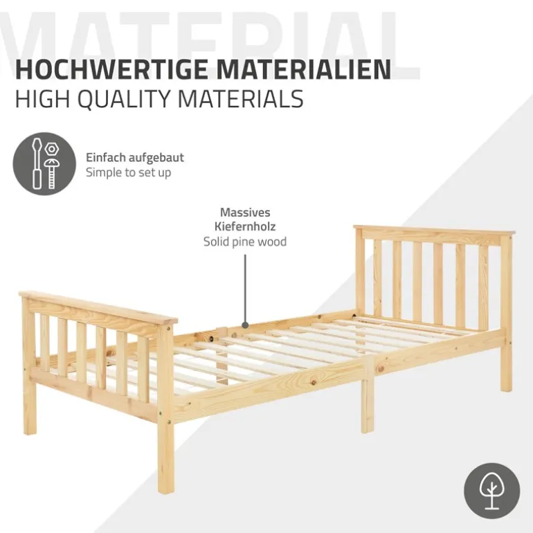 Bettgestell Einzelbett 90x200cm aus Kiefernholz in Natur mit Lattenrost & Matratze H-10cm ML-Design