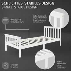 Bettgestell Einzelbett 90x200cm aus Kiefernholz in Weiß Lattenrost & Matratze H-10cm ML-Design