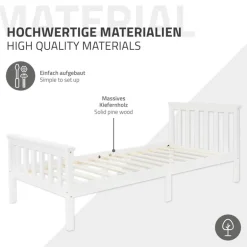 Bettgestell Einzelbett 90x200cm aus Kiefernholz in Weiß Lattenrost & Matratze H-10cm ML-Design