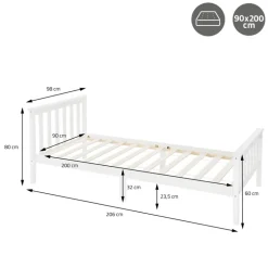 Bettgestell Einzelbett 90x200cm aus Kiefernholz in Weiß Lattenrost & Matratze H-10cm ML-Design