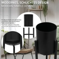 Blumenständer 2er Set mit herausnehmbarem Blumentop rund Schwarz aus Metall ML-Design
