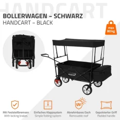 Bollerwagen faltbar mit Dach und Tasche Schwarz belastbar bis 80 kg Hauki