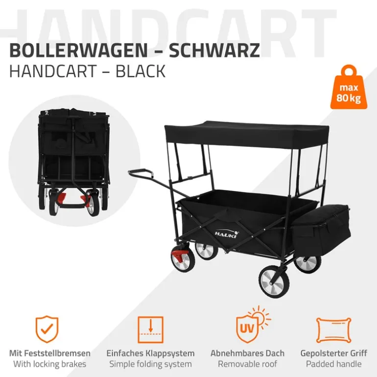 Bollerwagen faltbar mit Dach und Tasche Schwarz belastbar bis 80 kg Hauki