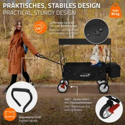 Bollerwagen faltbar mit Dach und Tasche Schwarz belastbar bis 80 kg Hauki
