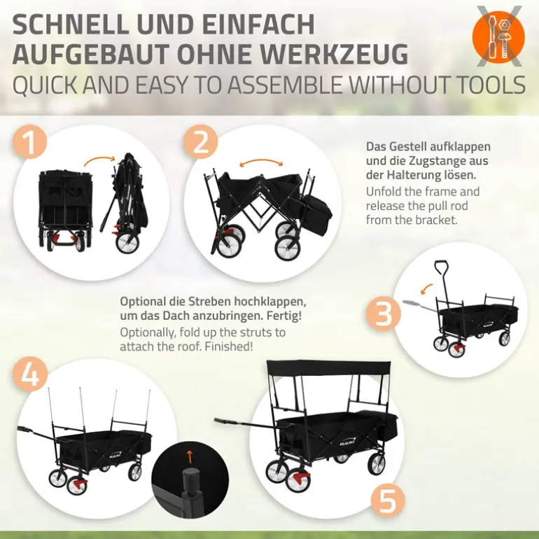 Bollerwagen faltbar mit Dach und Tasche Schwarz belastbar bis 80 kg Hauki